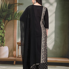 Women Black Color Floral Embroidered Kurta with Palazzo & Dupatta