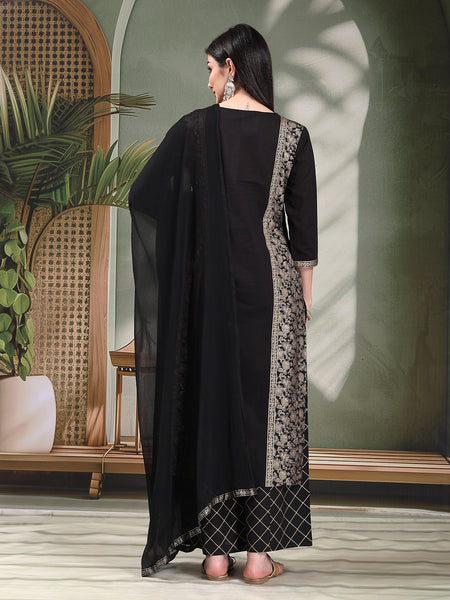Women Black Color Floral Embroidered Kurta with Palazzo & Dupatta