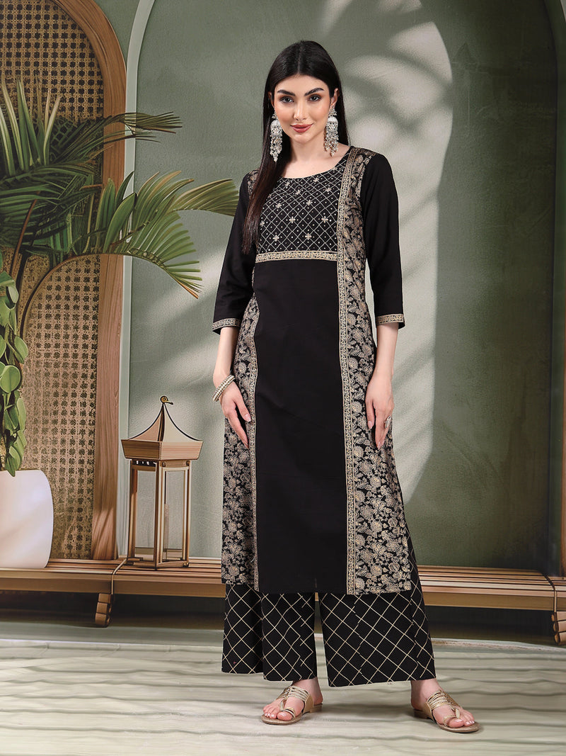 Women Black Color Floral Embroidered Kurta with Palazzo & Dupatta