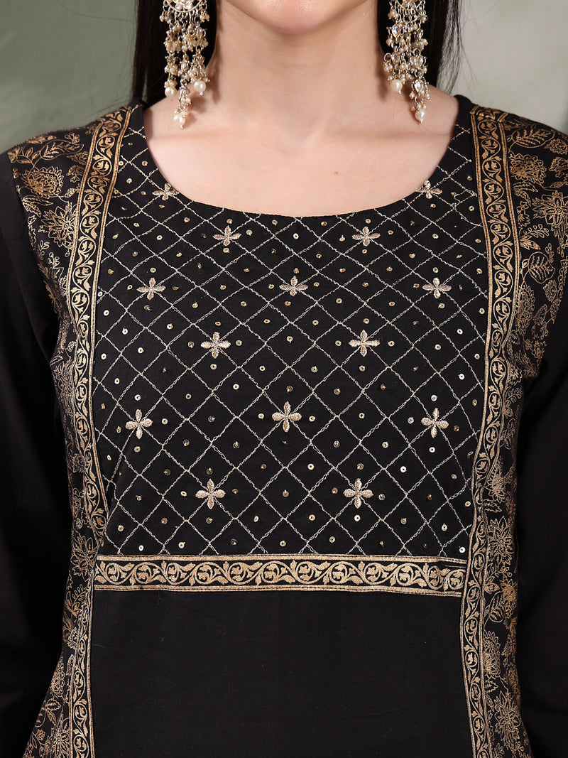 Women Black Color Floral Embroidered Kurta with Palazzo & Dupatta