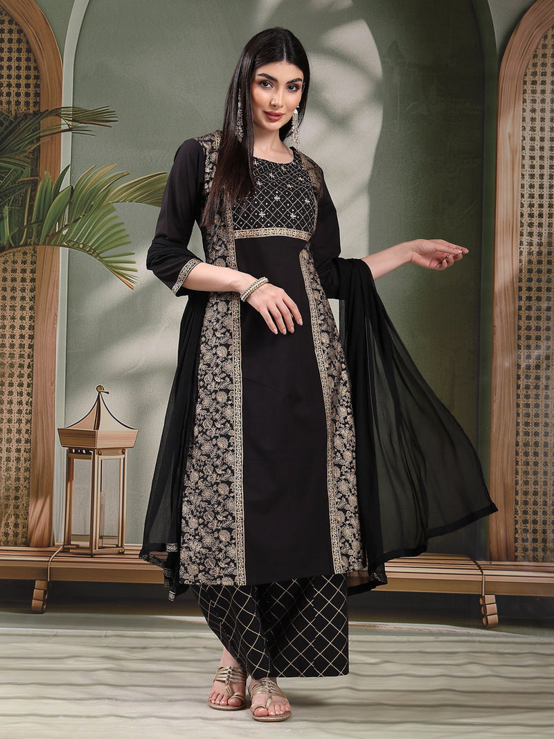 Women Black Color Floral Embroidered Kurta with Palazzo & Dupatta