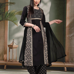 Women Black Color Floral Embroidered Kurta with Palazzo & Dupatta
