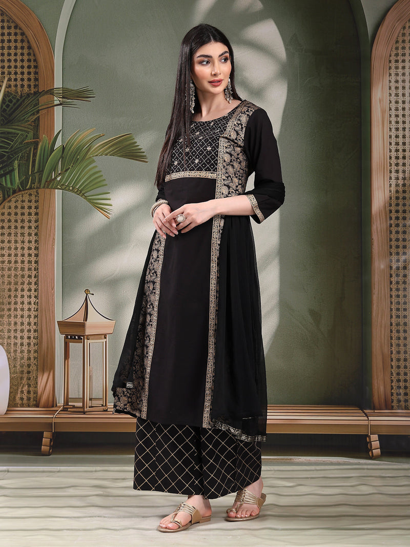 Women Black Color Floral Embroidered Kurta with Palazzo & Dupatta