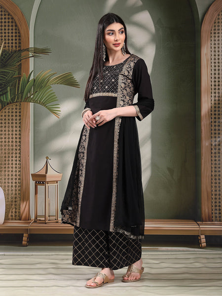 Women Black Color Floral Embroidered Kurta with Palazzo & Dupatta