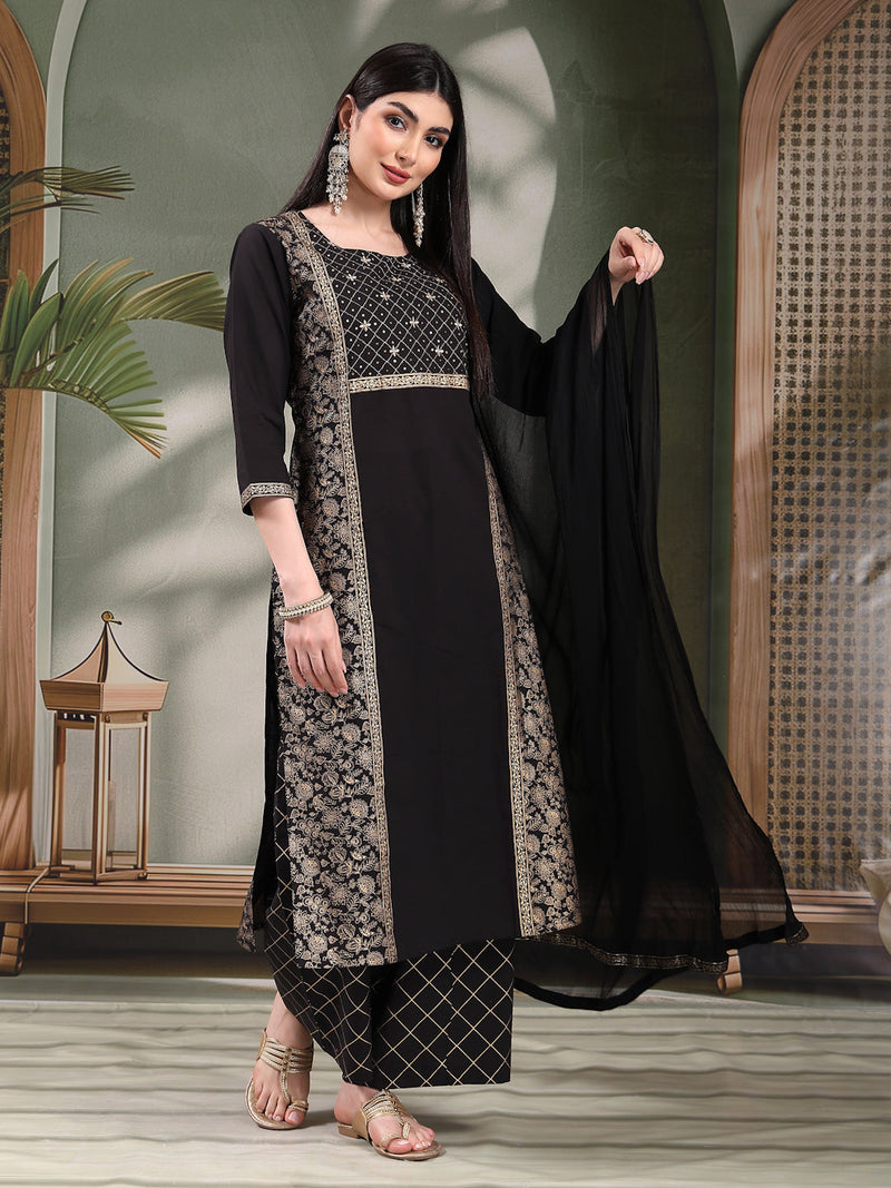 Women Black Color Floral Embroidered Kurta with Palazzo & Dupatta