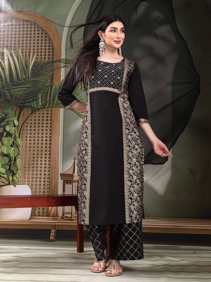 Women Black Color Floral Embroidered Kurta with Palazzo & Dupatta