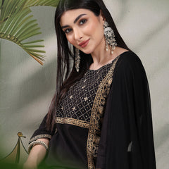 Women Black Color Floral Embroidered Kurta with Palazzo & Dupatta