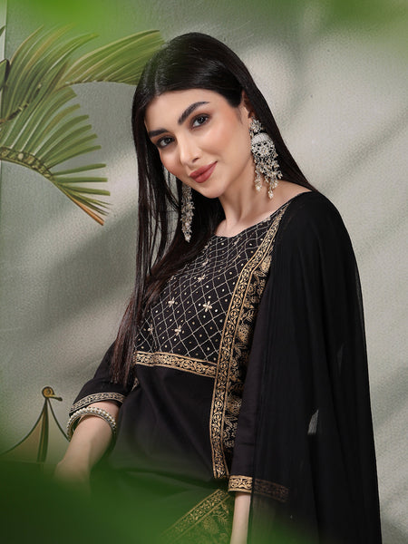 Women Black Color Floral Embroidered Kurta with Palazzo & Dupatta