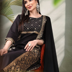 Women Black Color Floral Embroidered Kurta with Palazzo & Dupatta