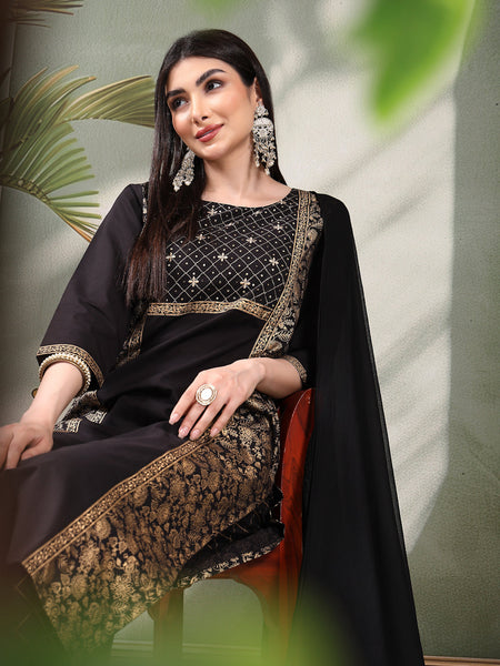 Women Black Color Floral Embroidered Kurta with Palazzo & Dupatta