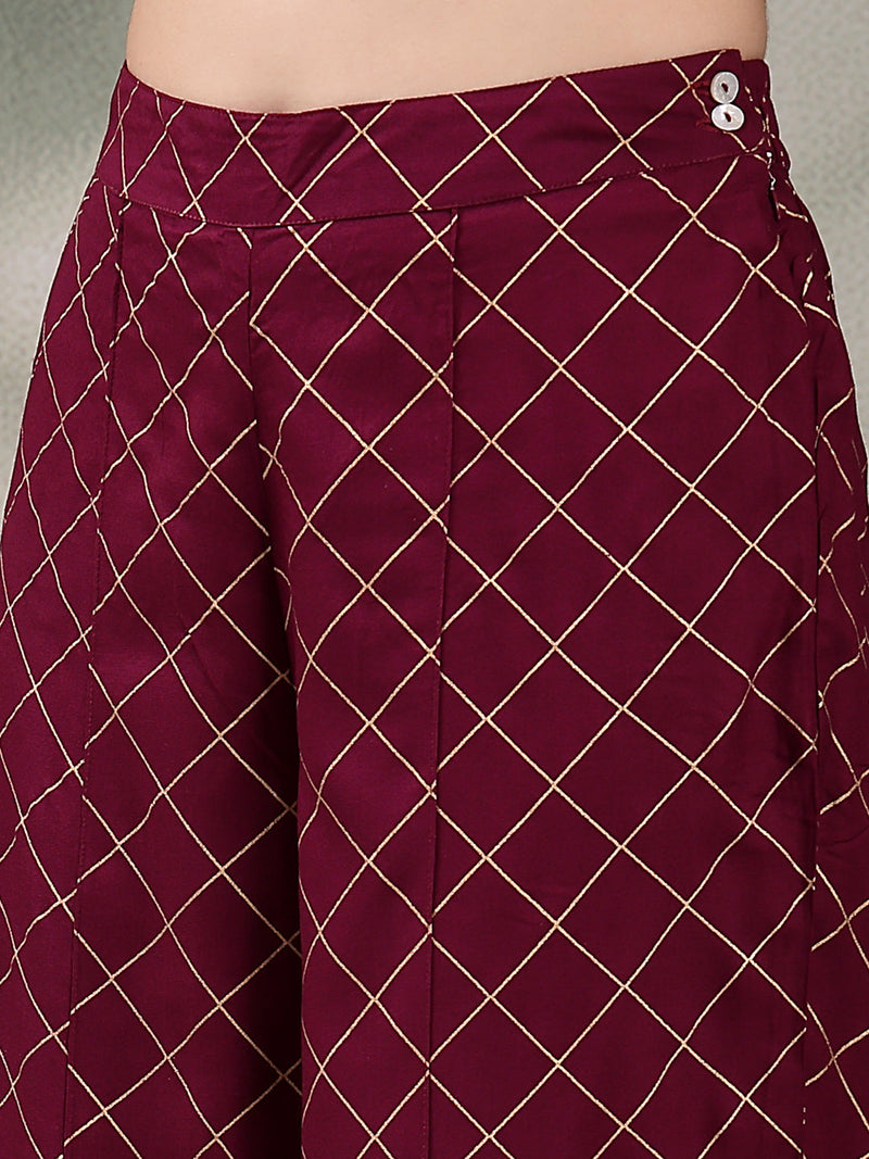 Women Wine Color Embroidered Straight Kurta With Palazzos & Dupatta