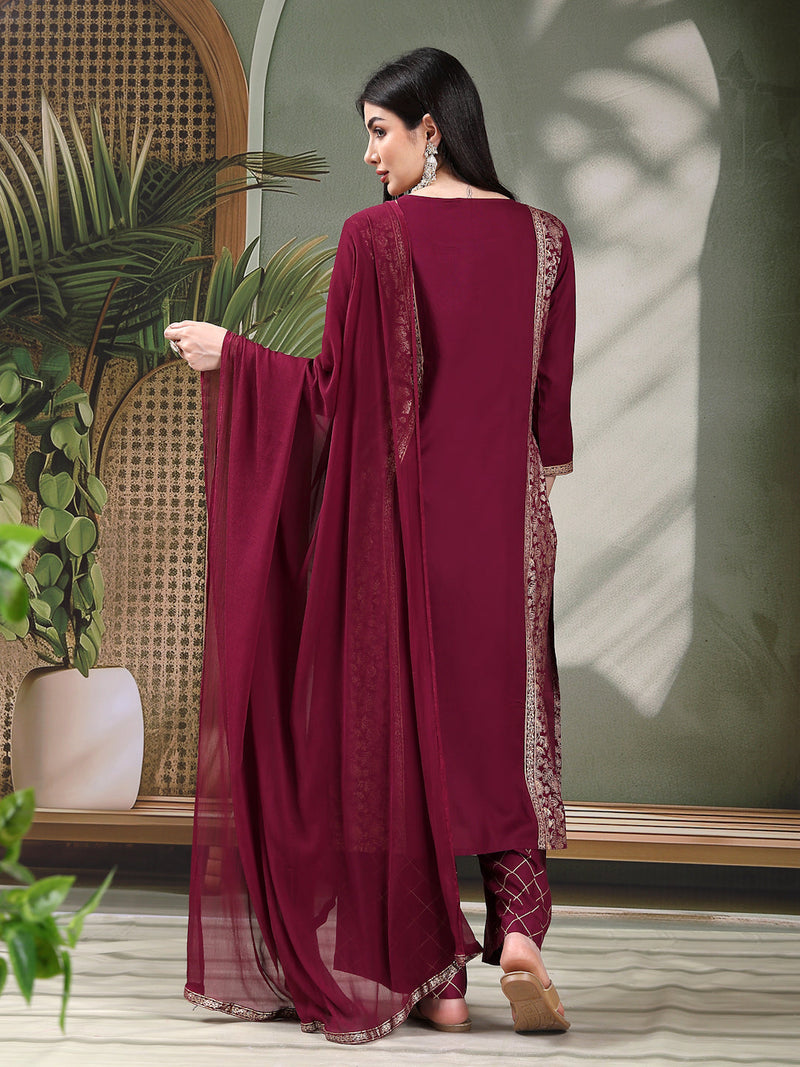 Women Wine Color Embroidered Straight Kurta With Palazzos & Dupatta