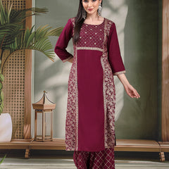 Women Wine Color Embroidered Straight Kurta With Palazzos & Dupatta