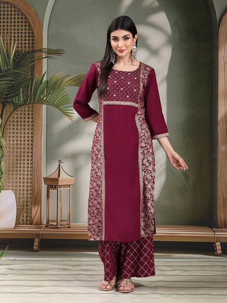 Women Wine Color Embroidered Straight Kurta With Palazzos & Dupatta