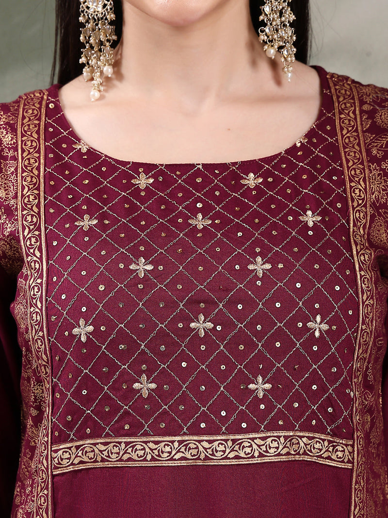 Women Wine Color Embroidered Straight Kurta With Palazzos & Dupatta