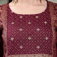 Women Wine Color Embroidered Straight Kurta With Palazzos & Dupatta