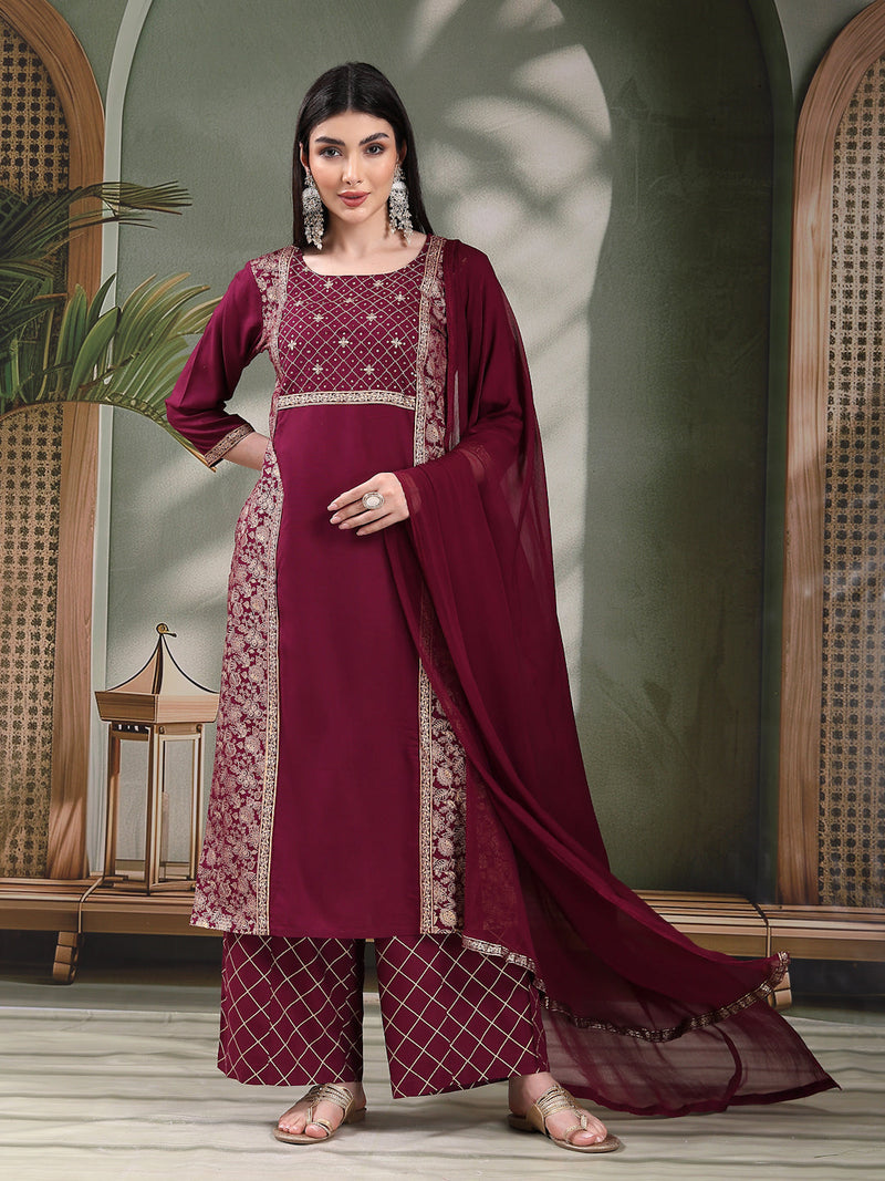 Women Wine Color Embroidered Straight Kurta With Palazzos & Dupatta