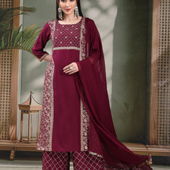 Women Wine Color Embroidered Straight Kurta With Palazzos & Dupatta