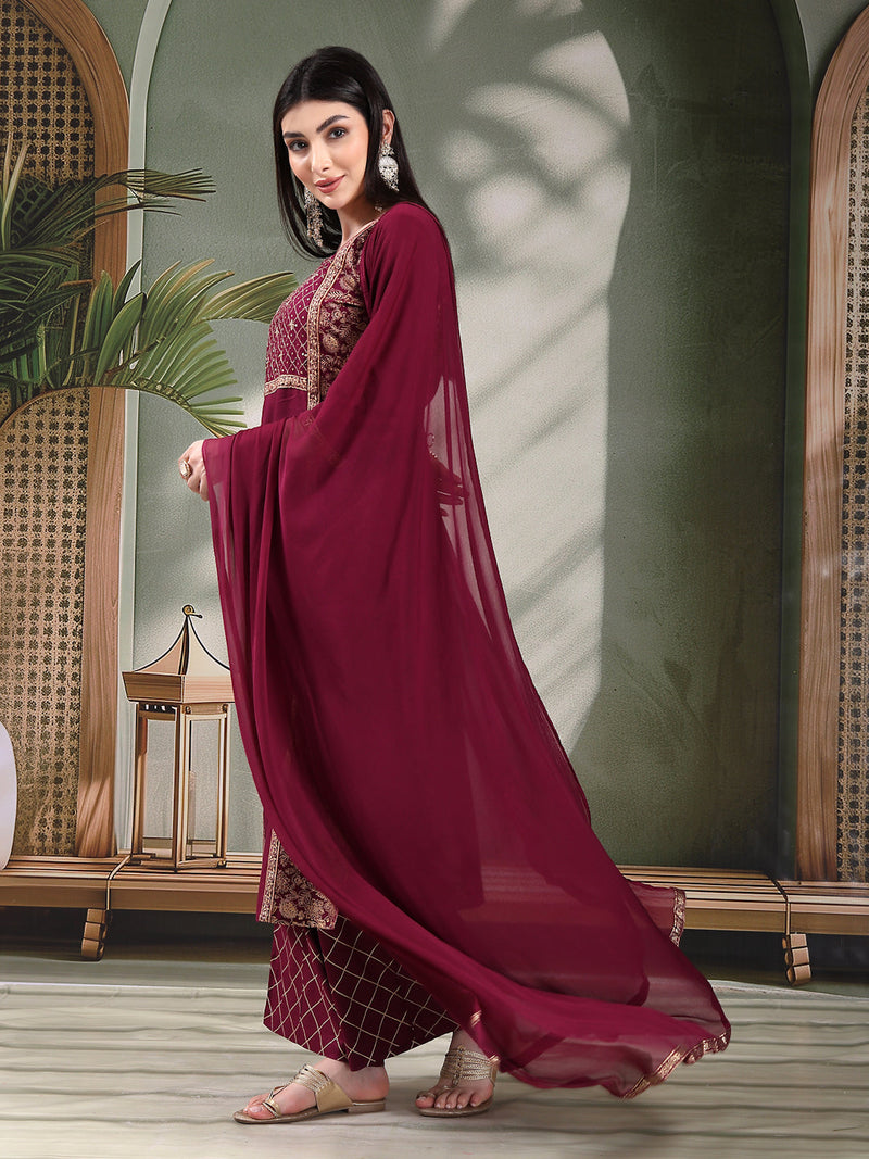 Women Wine Color Embroidered Straight Kurta With Palazzos & Dupatta