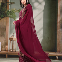Women Wine Color Embroidered Straight Kurta With Palazzos & Dupatta