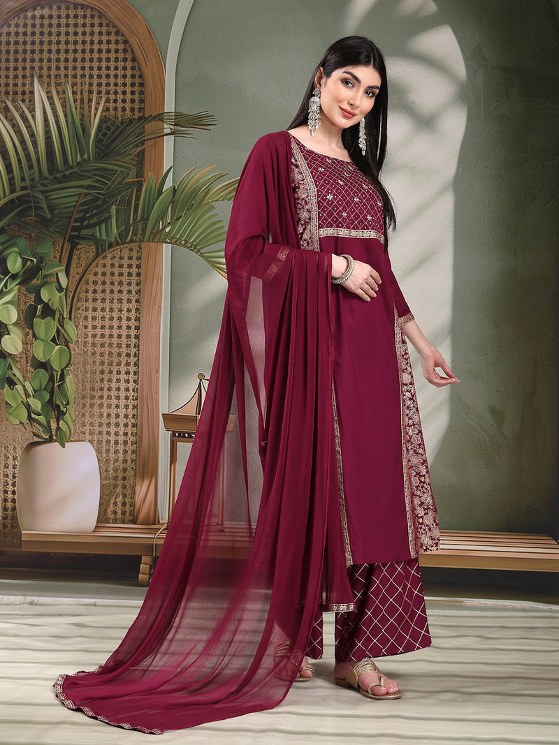 Women Wine Color Embroidered Straight Kurta With Palazzos & Dupatta