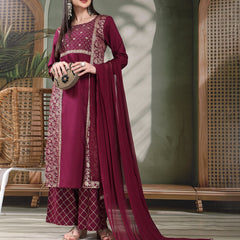 Women Wine Color Embroidered Straight Kurta With Palazzos & Dupatta