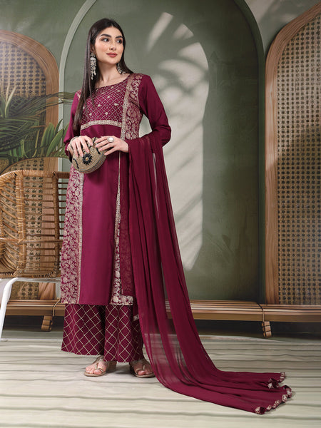 Women Wine Color Embroidered Straight Kurta With Palazzos & Dupatta
