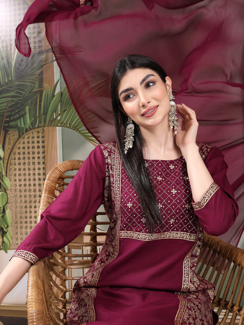 Women Wine Color Embroidered Straight Kurta With Palazzos & Dupatta