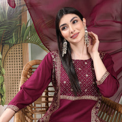Women Wine Color Embroidered Straight Kurta With Palazzos & Dupatta