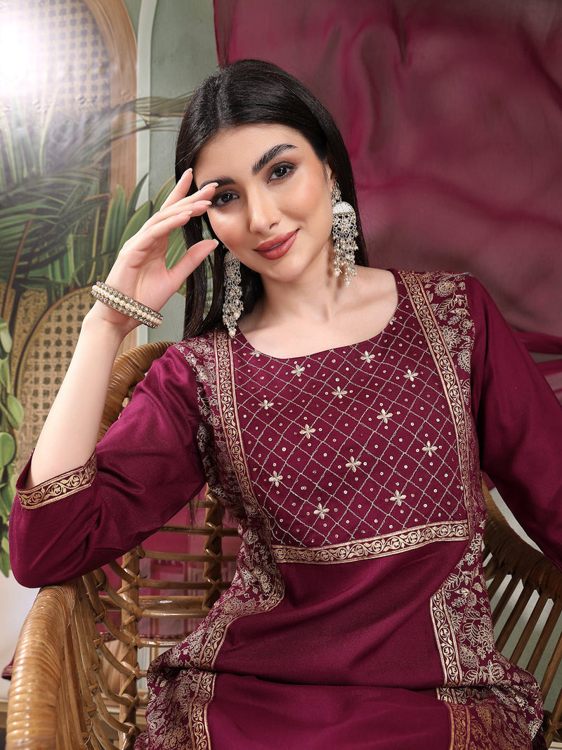 Women Wine Color Embroidered Straight Kurta With Palazzos & Dupatta