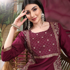 Women Wine Color Embroidered Straight Kurta With Palazzos & Dupatta