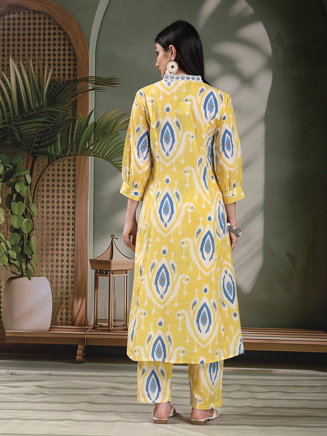 Yellow Printed Pure Cotton A-Line Kurta & Trousers