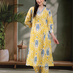 Women Yellow Color Printed Pure Cotton A-Line Kurta & Trousers