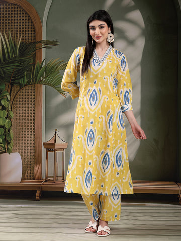 Yellow Printed Pure Cotton A-Line Kurta & Trousers