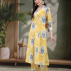 Women Yellow Color Printed Pure Cotton A-Line Kurta & Trousers