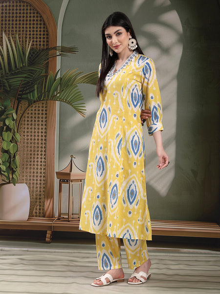 Women Yellow Color Printed Pure Cotton A-Line Kurta & Trousers