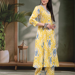 Women Yellow Color Printed Pure Cotton A-Line Kurta & Trousers