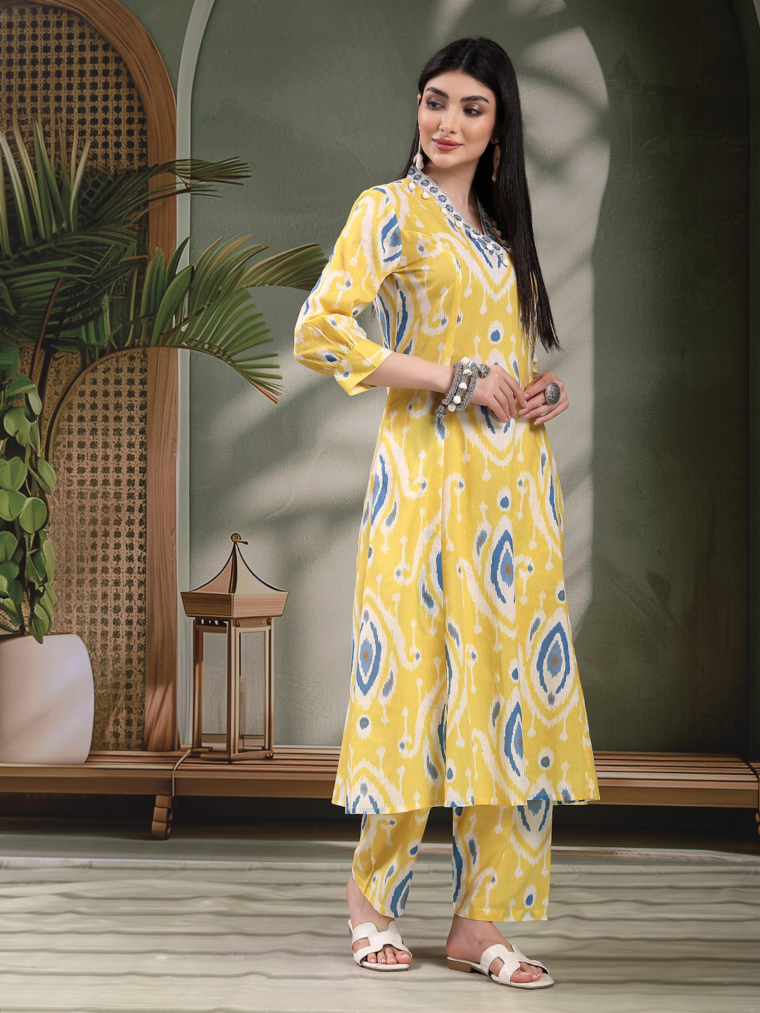 Yellow Printed Pure Cotton A-Line Kurta & Trousers