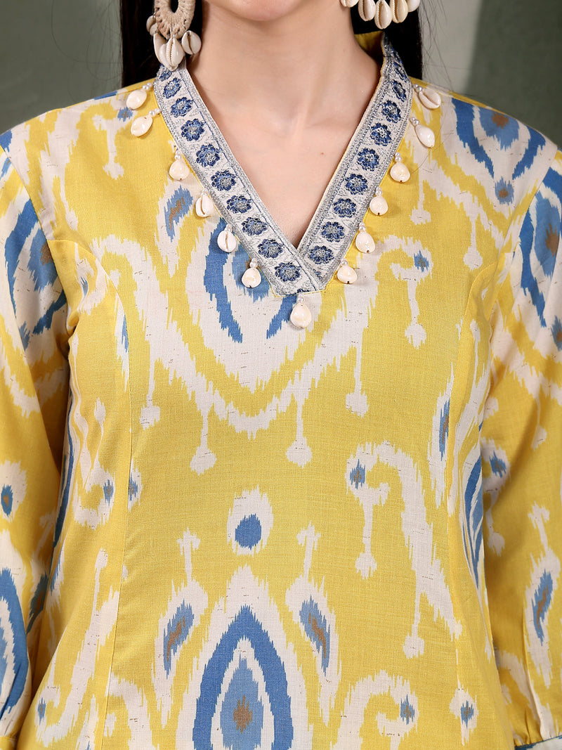 Women Yellow Color Printed Pure Cotton A-Line Kurta & Trousers
