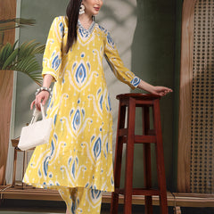 Women Yellow Color Printed Pure Cotton A-Line Kurta & Trousers