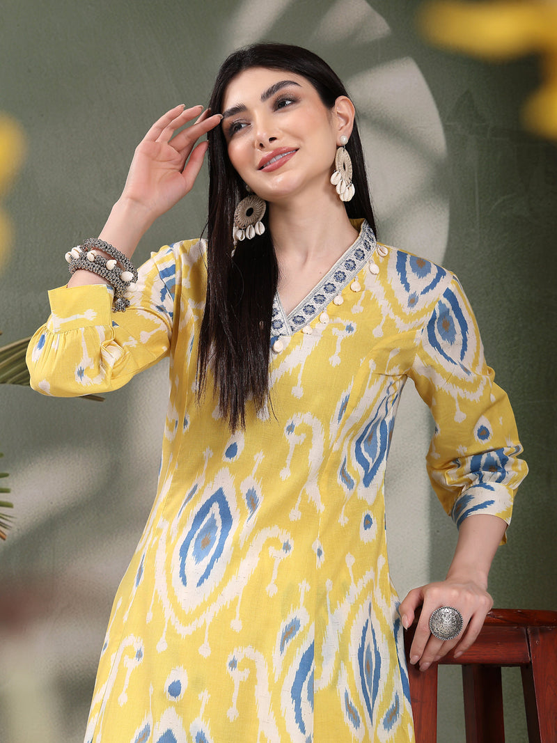 Women Yellow Color Printed Pure Cotton A-Line Kurta & Trousers