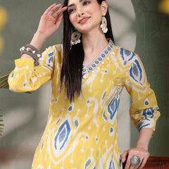 Women Yellow Color Printed Pure Cotton A-Line Kurta & Trousers