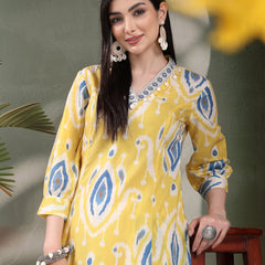 Women Yellow Color Printed Pure Cotton A-Line Kurta & Trousers
