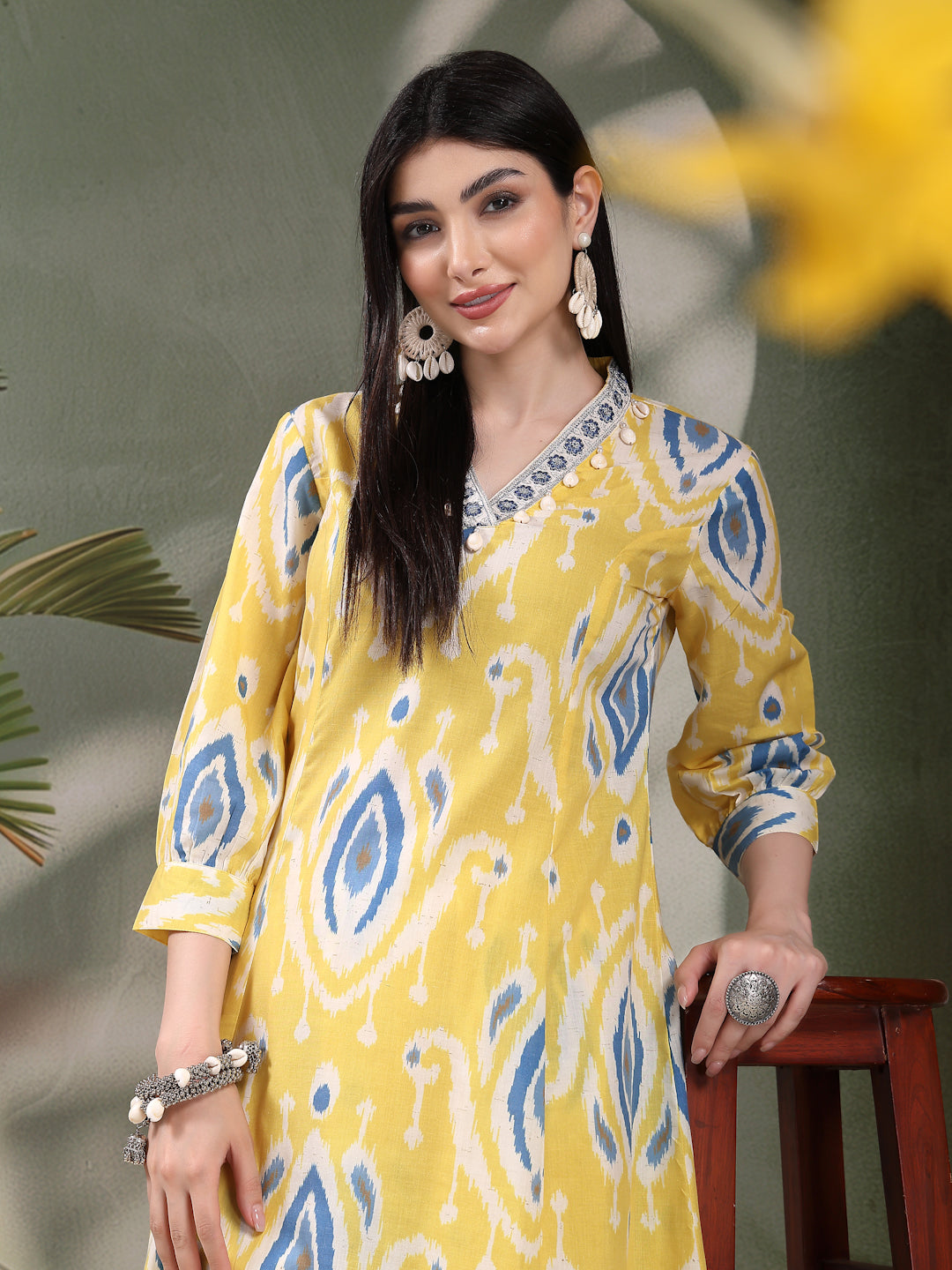Yellow Printed Pure Cotton A-Line Kurta & Trousers