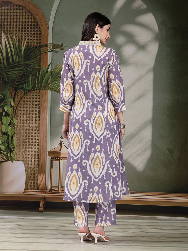Women Mauve Color Printed Pure Cotton A-Line Kurta & Trousers