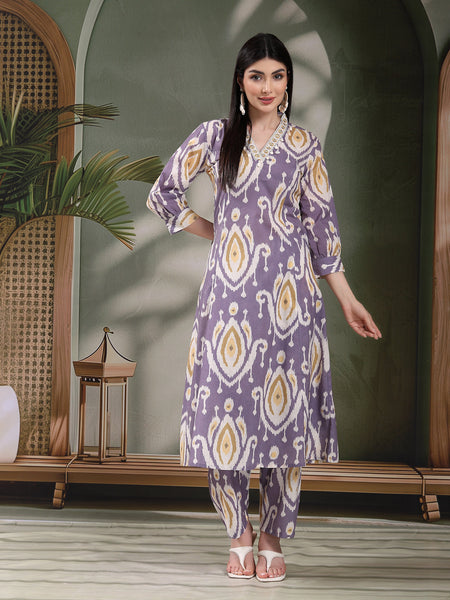 Women Mauve Color Printed Pure Cotton A-Line Kurta & Trousers