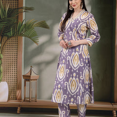 Women Mauve Color Printed Pure Cotton A-Line Kurta & Trousers