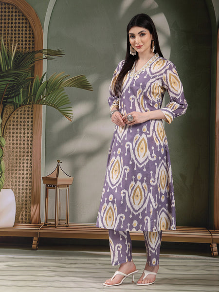 Women Mauve Color Printed Pure Cotton A-Line Kurta & Trousers