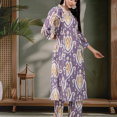 Women Mauve Color Printed Pure Cotton A-Line Kurta & Trousers