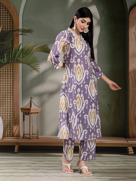 Women Mauve Color Printed Pure Cotton A-Line Kurta & Trousers
